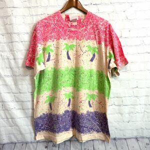 Vintage Surf Mania AOP Palm Trees Neon Single Stitch T Shirt XL Vacation USA